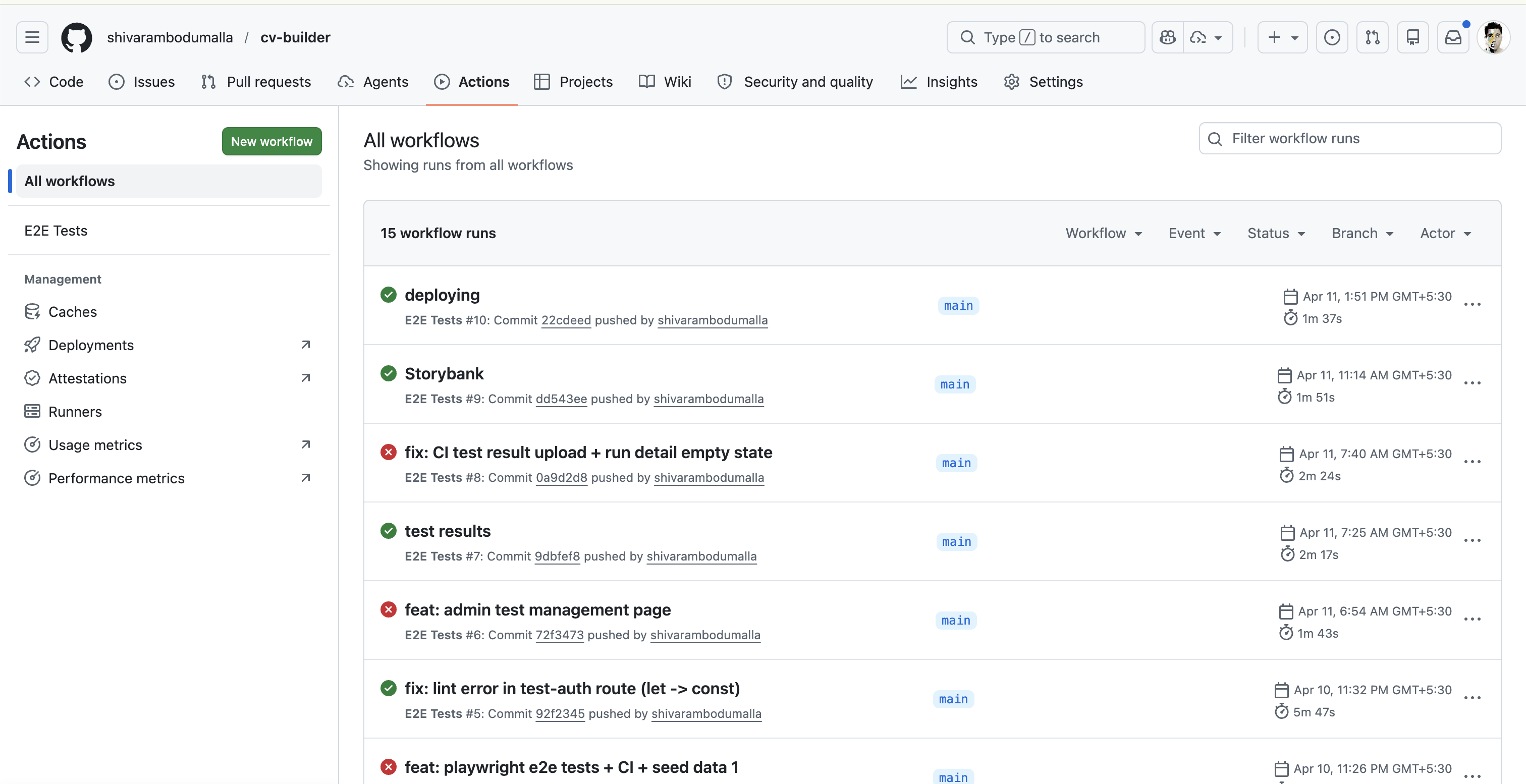 GitHub Actions — green test run showing all 6 tests passing, commit hash, duration