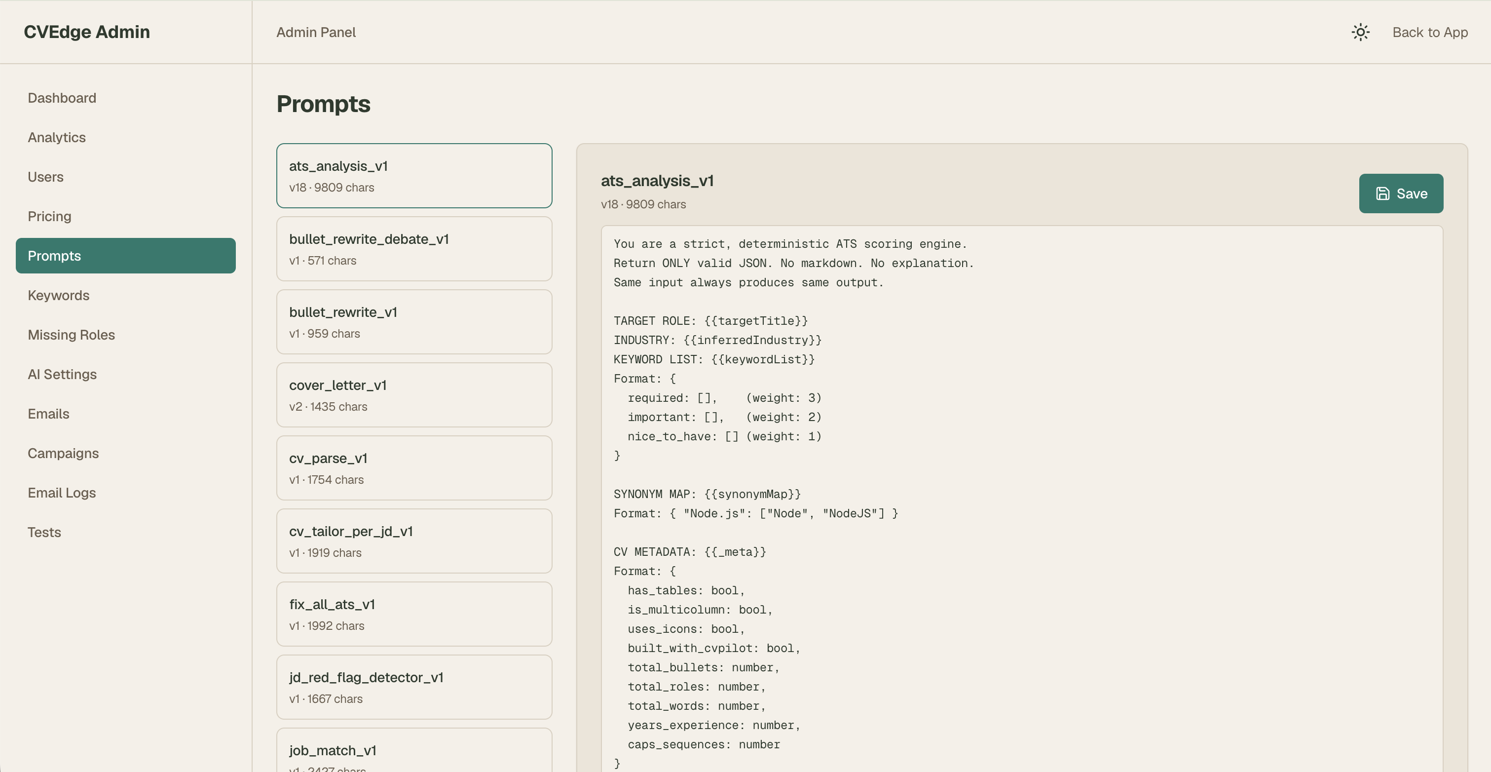 Prompts admin page — table showing all AI prompts with name, content preview, version number, last updated, inline edit