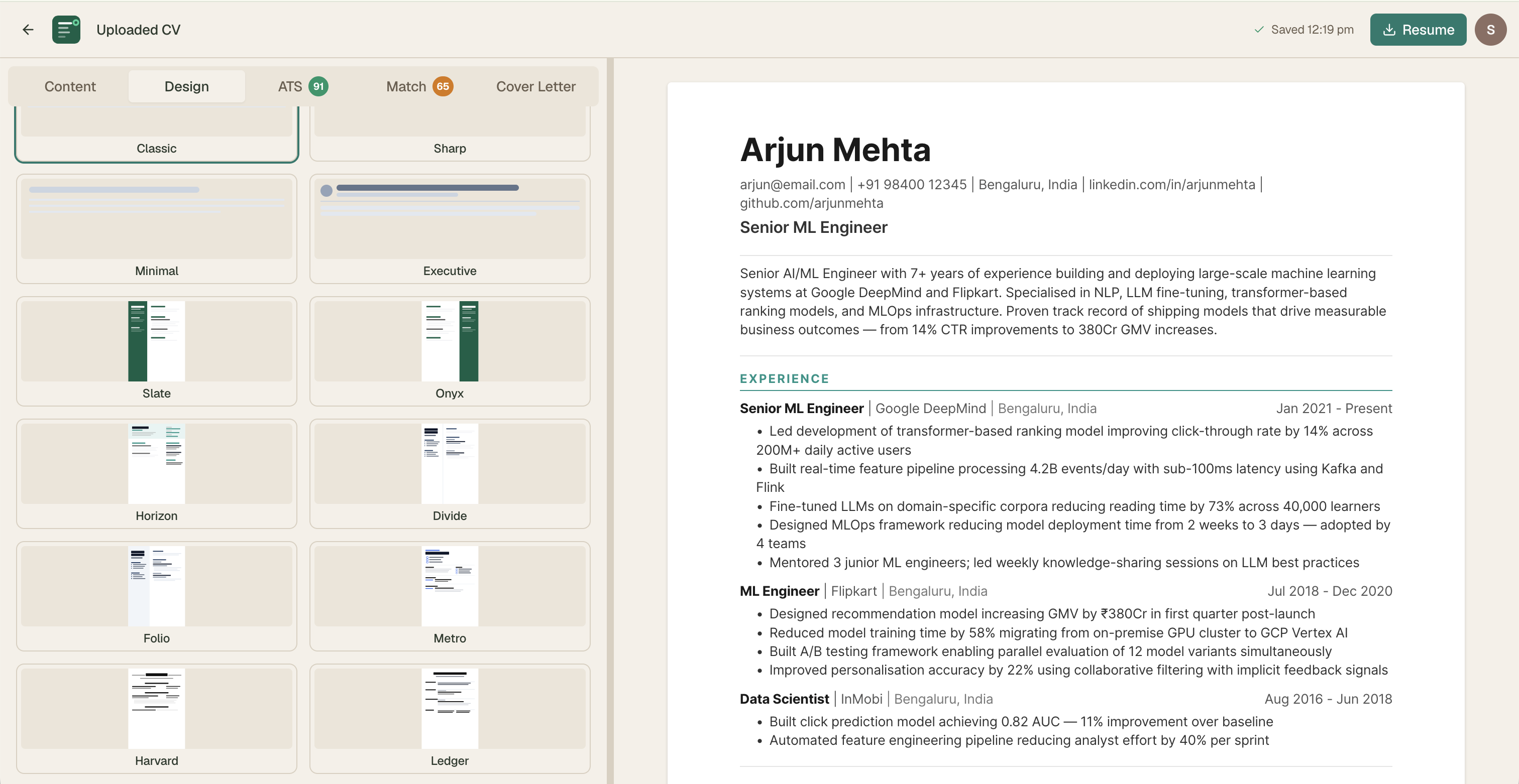 Full template gallery — Classic, Sharp, Minimal, Executive, Sidebar, Horizon, Divide, Folio, Harvard, Metro, Ledger