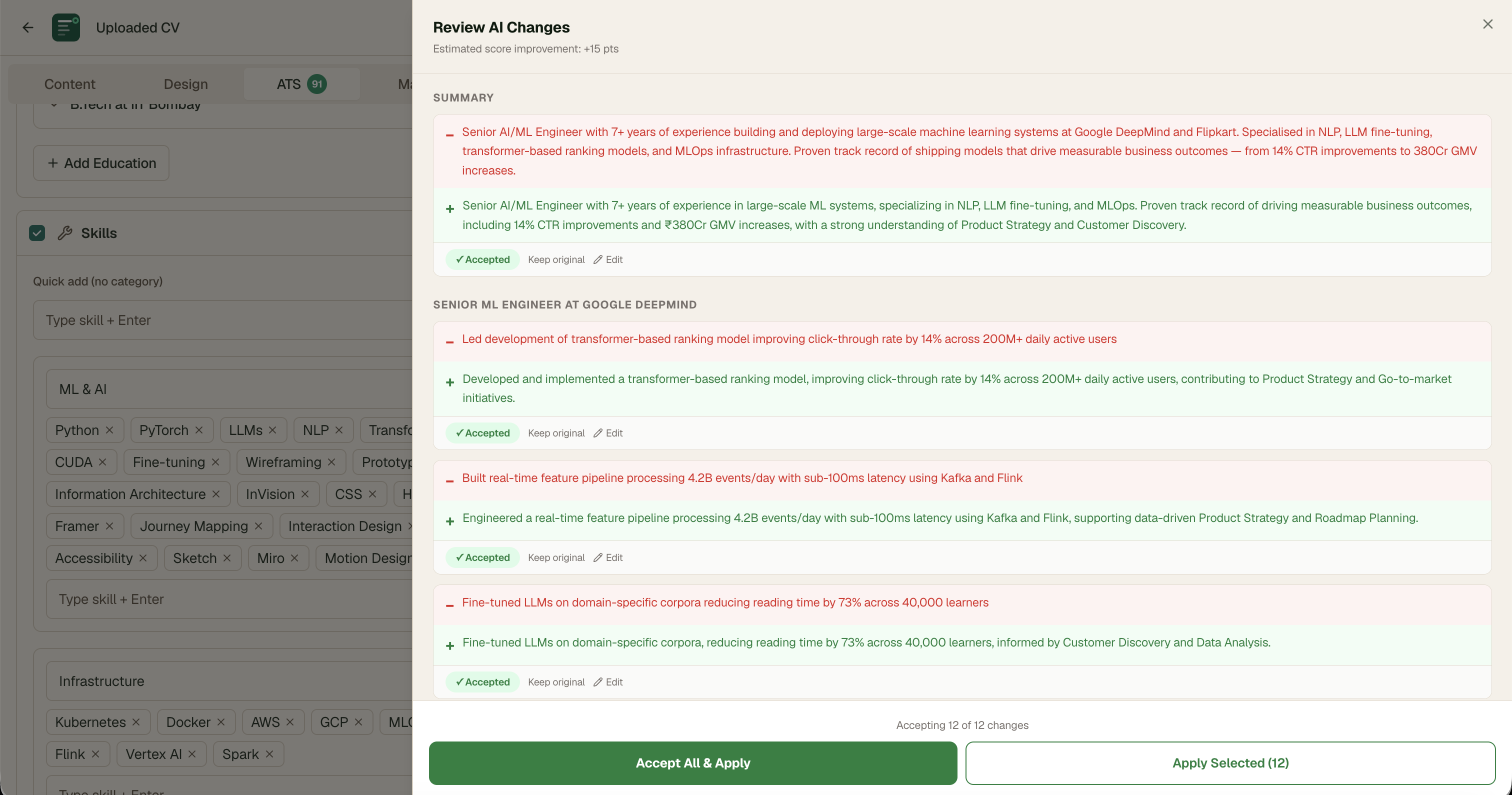 Fix All drawer — git diff view with red/green diff for each changed bullet, per-change accept/reject/edit buttons, sticky footer with live score estimate