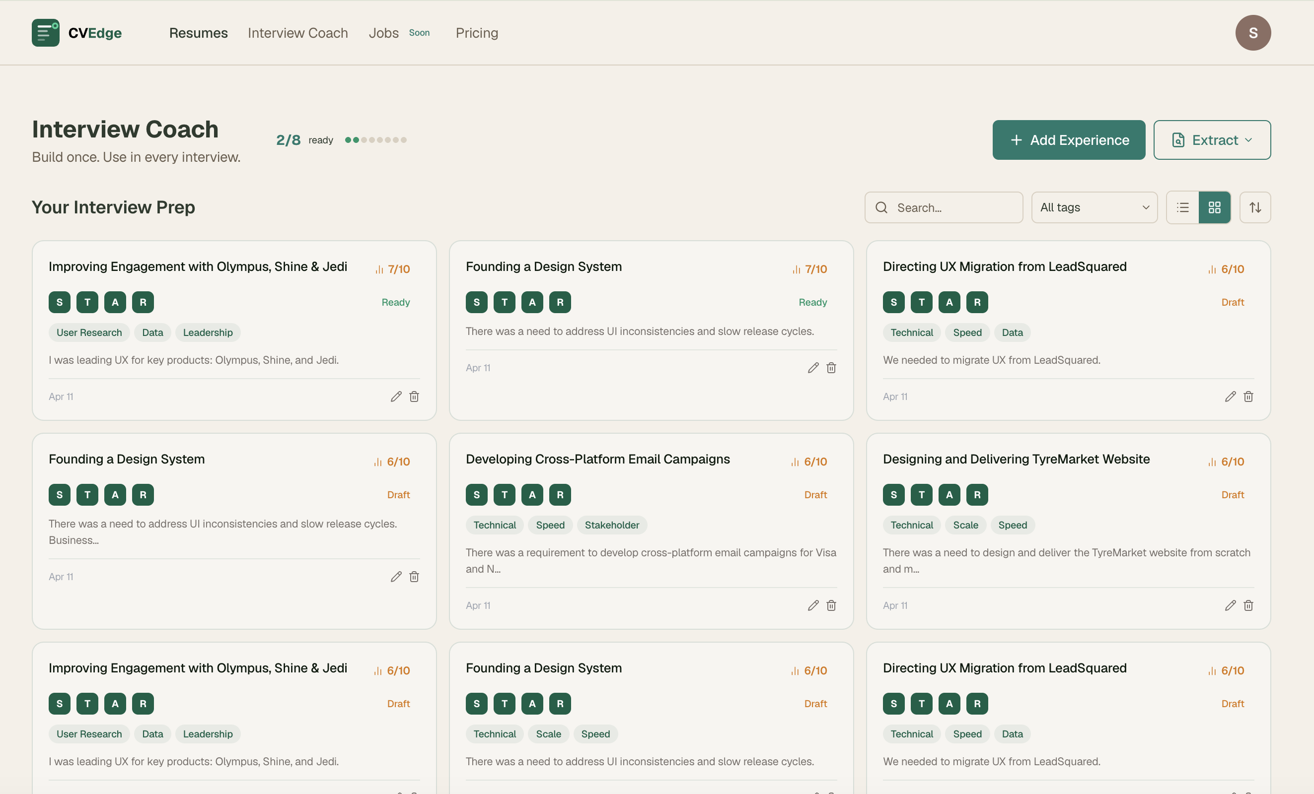 Interview Coach — story library grouped by theme tags, quality score badges, source indicators, Interview Ready badge on strong stories