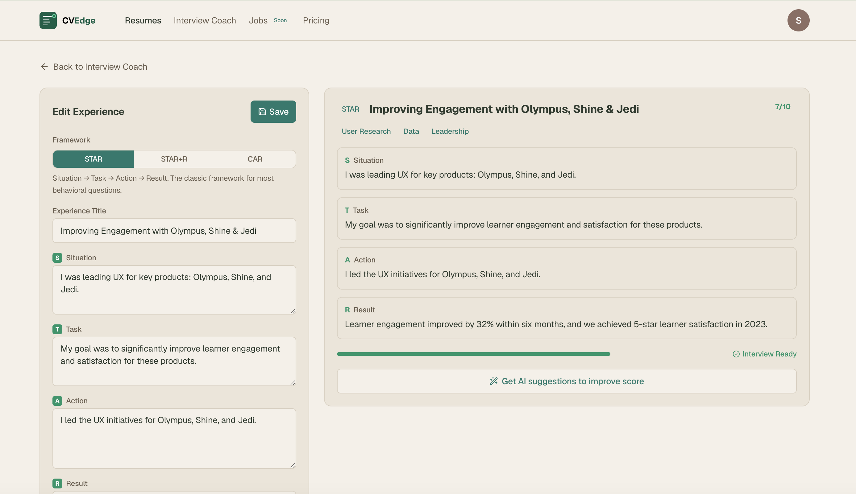Story builder modal — STAR form with Situation, Task, Action, Result fields, optional Reflection textarea, AI-generated Summary card, quality score preview