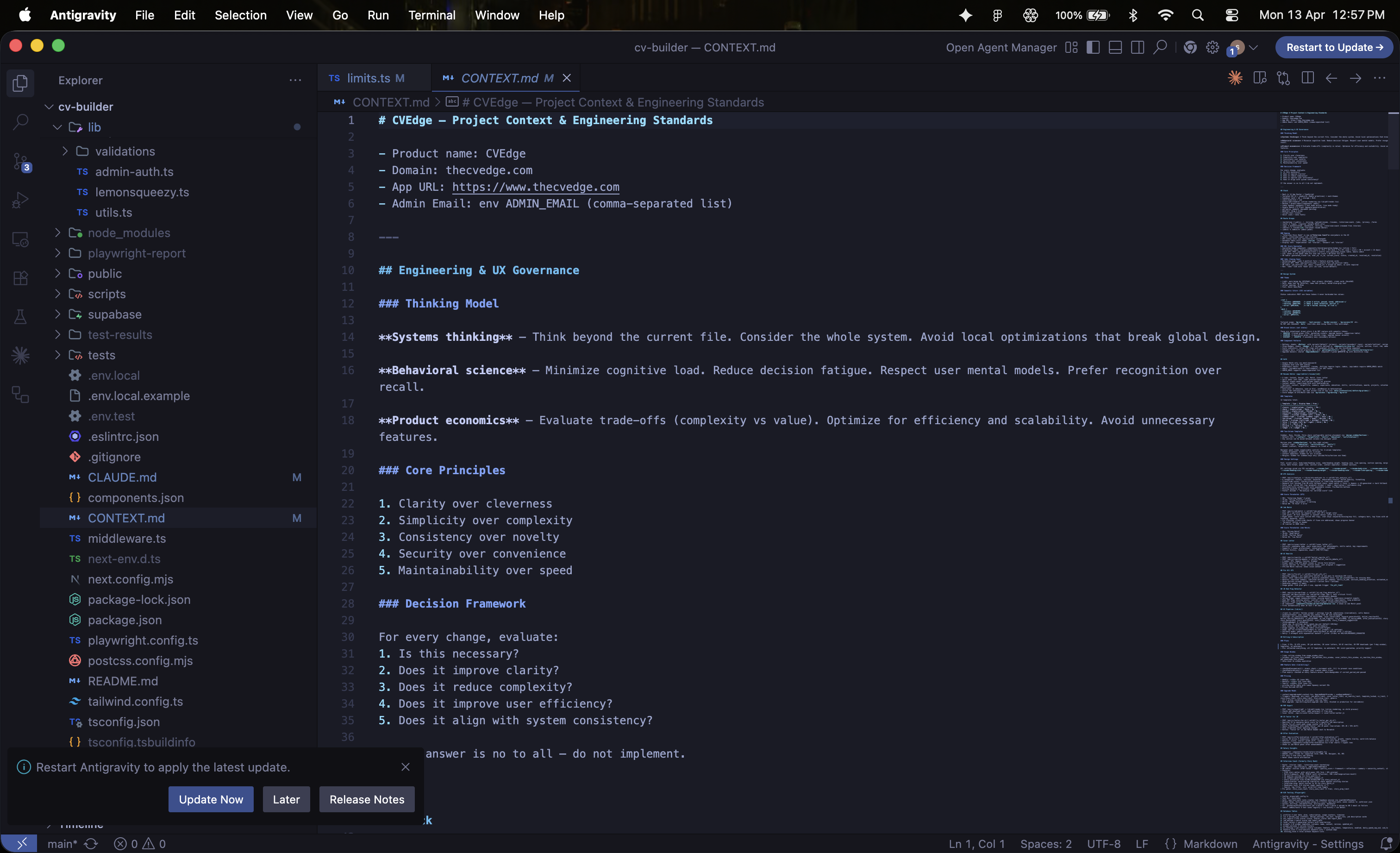 CONTEXT.md — the real file showing stack details, color tokens, component conventions, prompt rules, anti-patterns