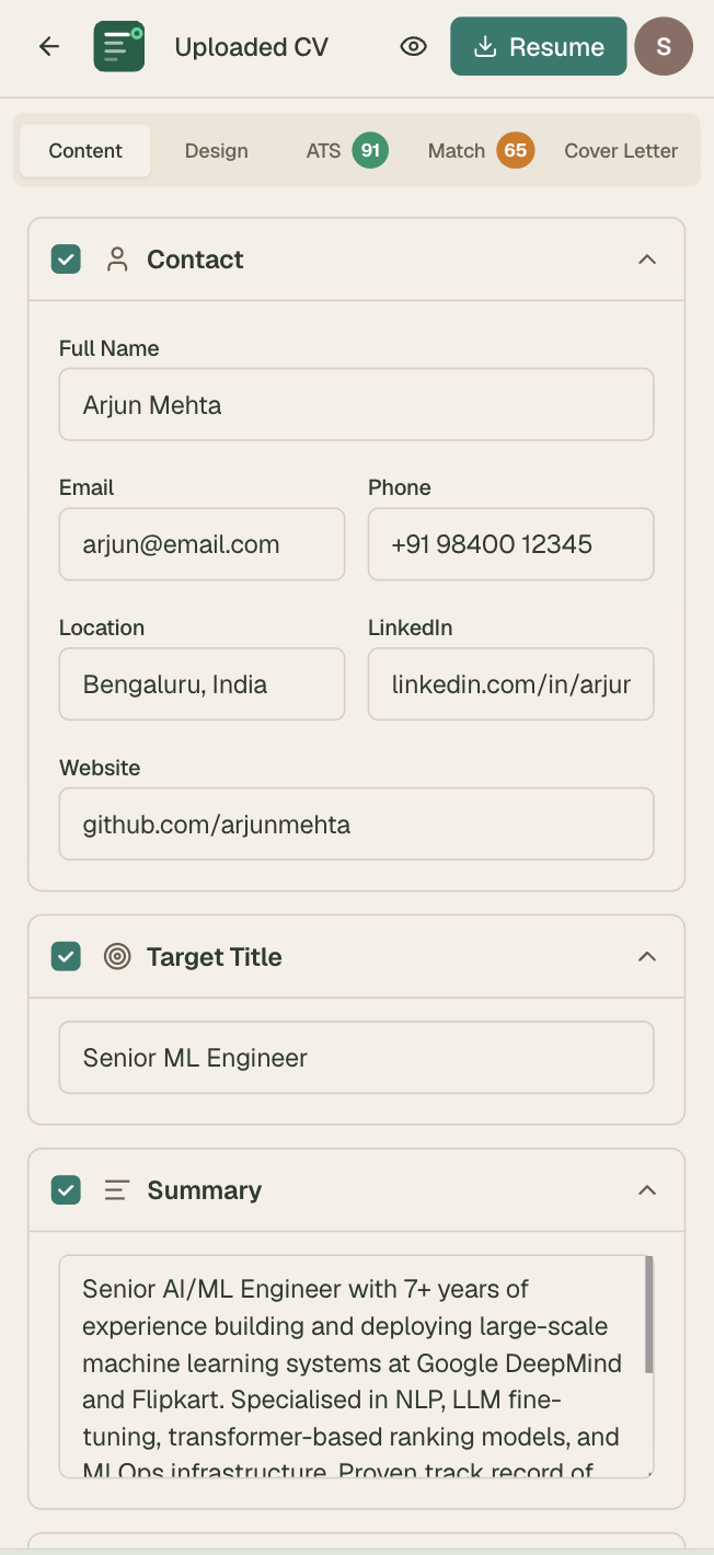 Mobile — CV editor