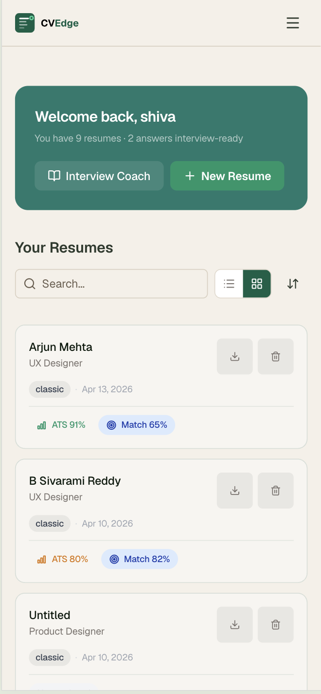 Mobile — Resume dashboard