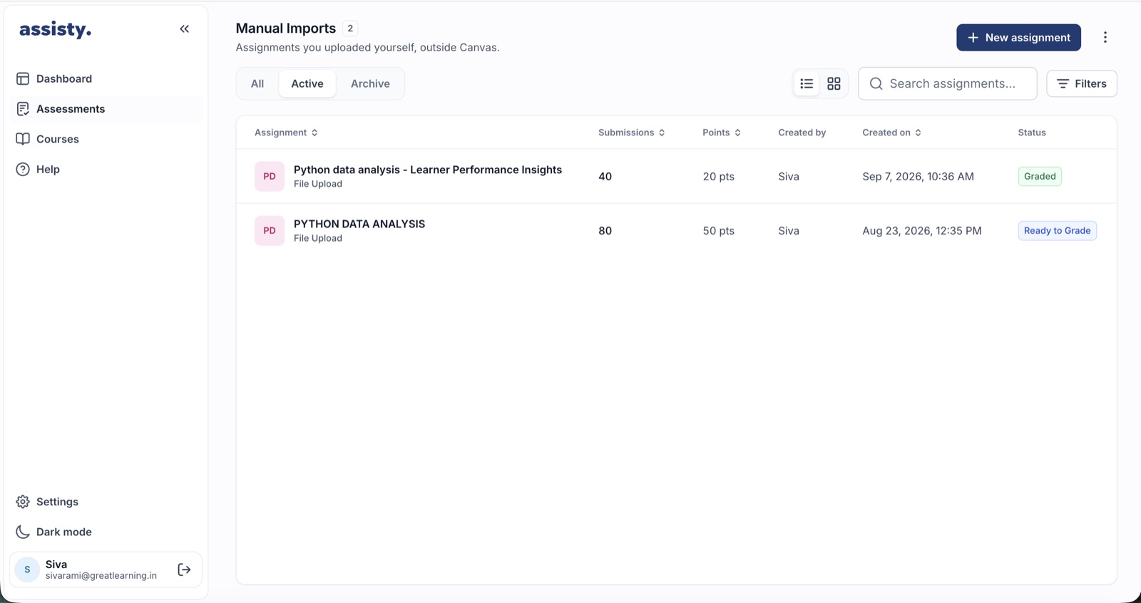 Manual Imports list: two assignments with submission counts, points, creator, date and a Graded or Ready to Grade status