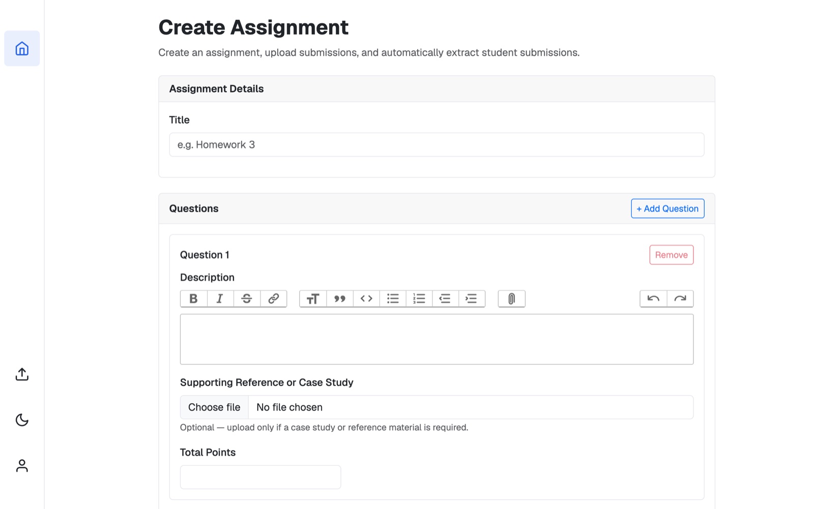 Before: the Create Assignment form with a native file control and flattened heading hierarchy
