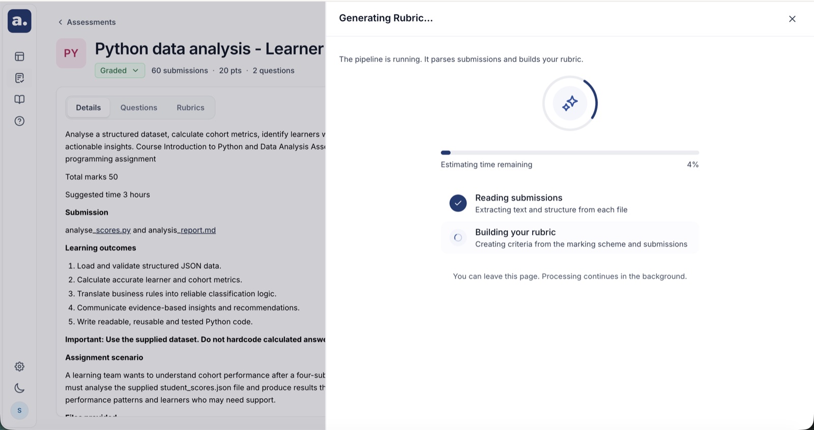 Generating Rubric drawer over the workspace: a progress bar labelled Estimating time remaining, with Reading submissions complete and Building your rubric in progress