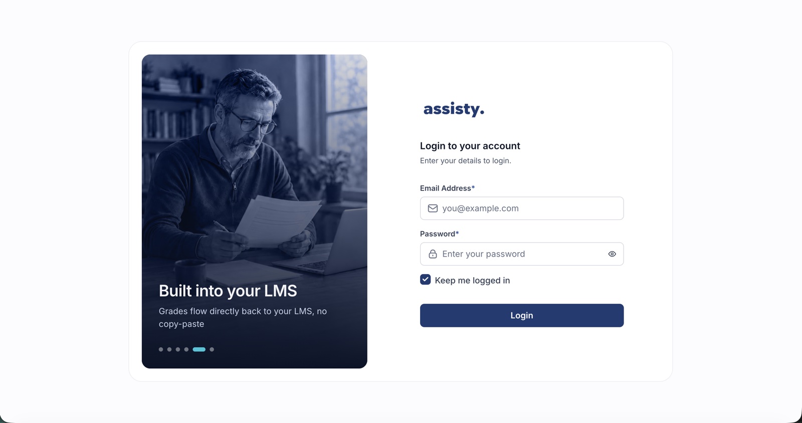 Assisty login: a split card with a duotone photograph reading Built into your LMS beside the login form
