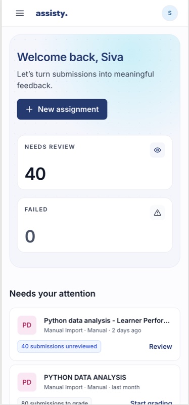 Assisty dashboard on a phone with count tiles and the attention queue