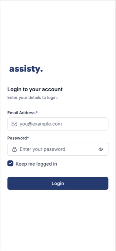 Assisty login on a phone: the form alone, marketing panel dropped