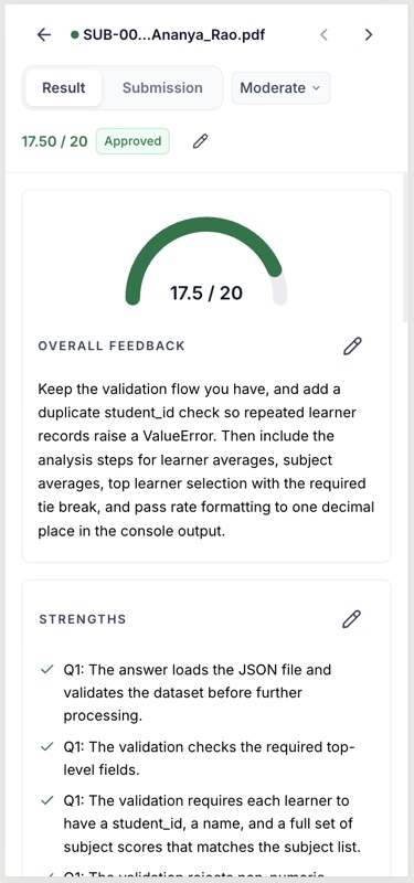 Review surface on a phone: score gauge, overall feedback and strengths