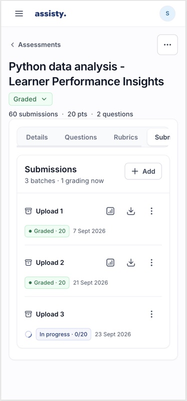 Assignment workspace on a phone showing three submission batches